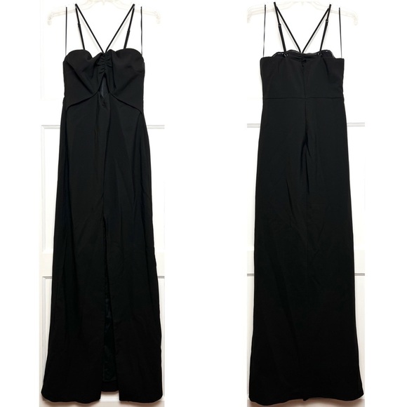 LIKELY Ruched Halter Neck Cutout Bodice Sleeveless Front Slit Column Maxi Gown 8 - Picture 5 of 9